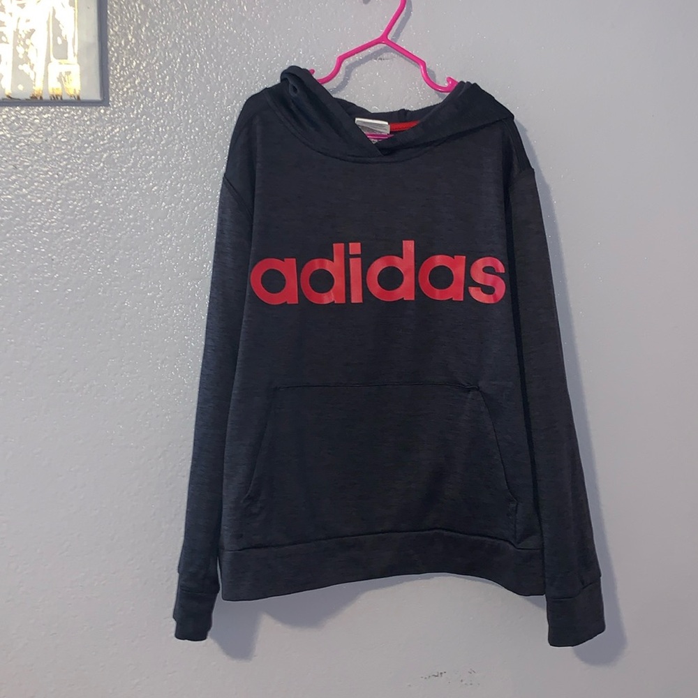 Adidas grey red logo youth medium hooded pullover athletic sweatshirt